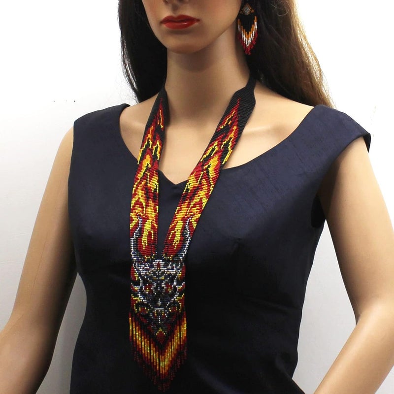 Native Tribal Style Long Statement Beaded Necklace for Women Handmade